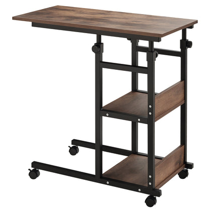 Side Table Coffee Table with Wheels, Height Adjustable Desk with 2 Lower Shelves, Sofa Table Laptop Table, Bedside Table, for Dining Room Living Room, Metal, Rustic Brown, 80x40x72-82 cm