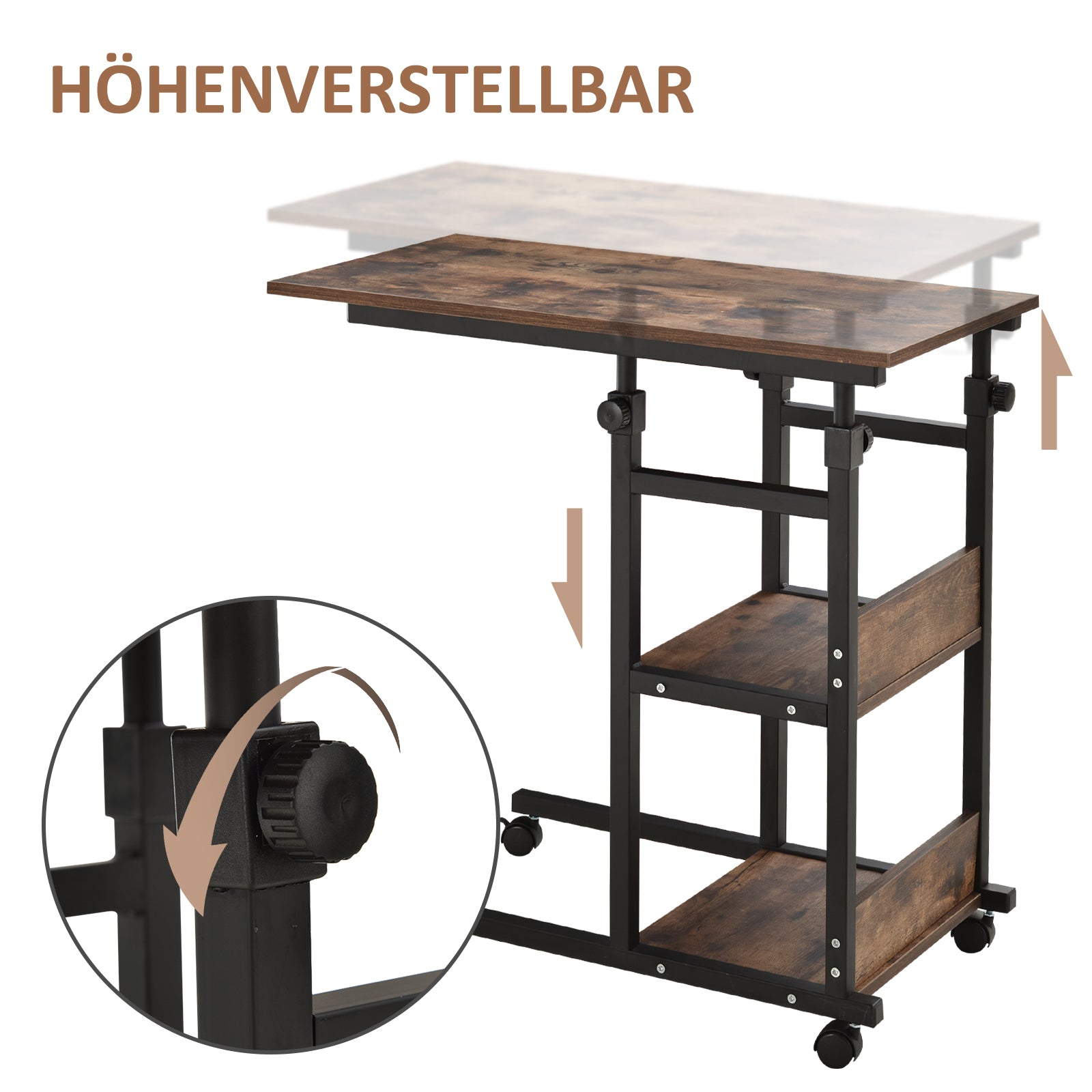 Side Table Coffee Table with Wheels, Height Adjustable Desk with 2 Lower Shelves, Sofa Table Laptop Table, Bedside Table, for Dining Room Living Room, Metal, Rustic Brown, 80x40x72-82 cm