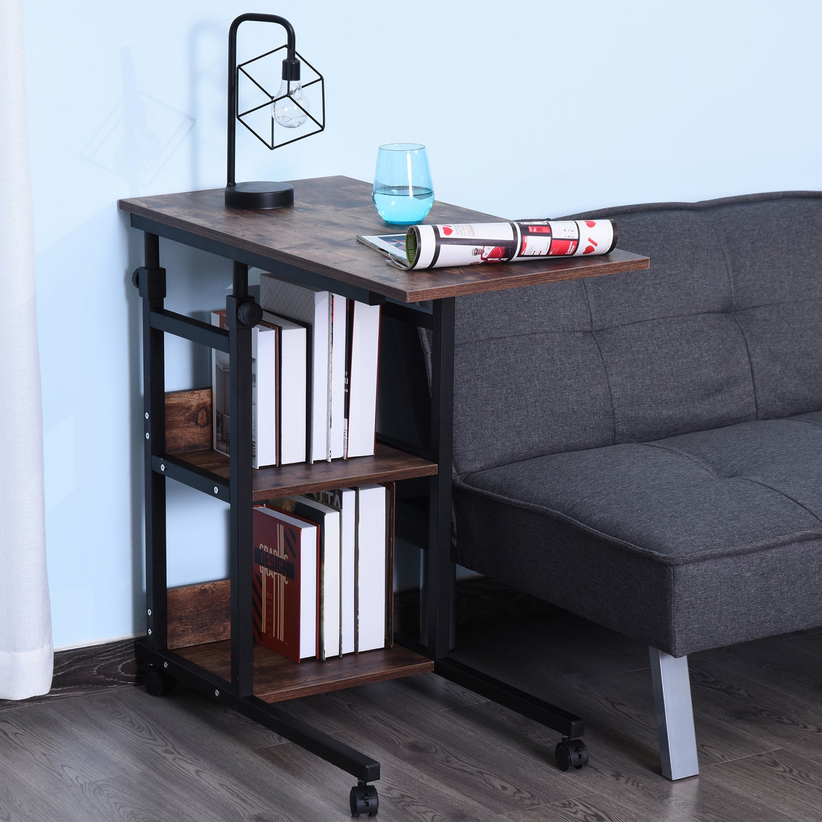 Side Table Coffee Table with Wheels, Height Adjustable Desk with 2 Lower Shelves, Sofa Table Laptop Table, Bedside Table, for Dining Room Living Room, Metal, Rustic Brown, 80x40x72-82 cm