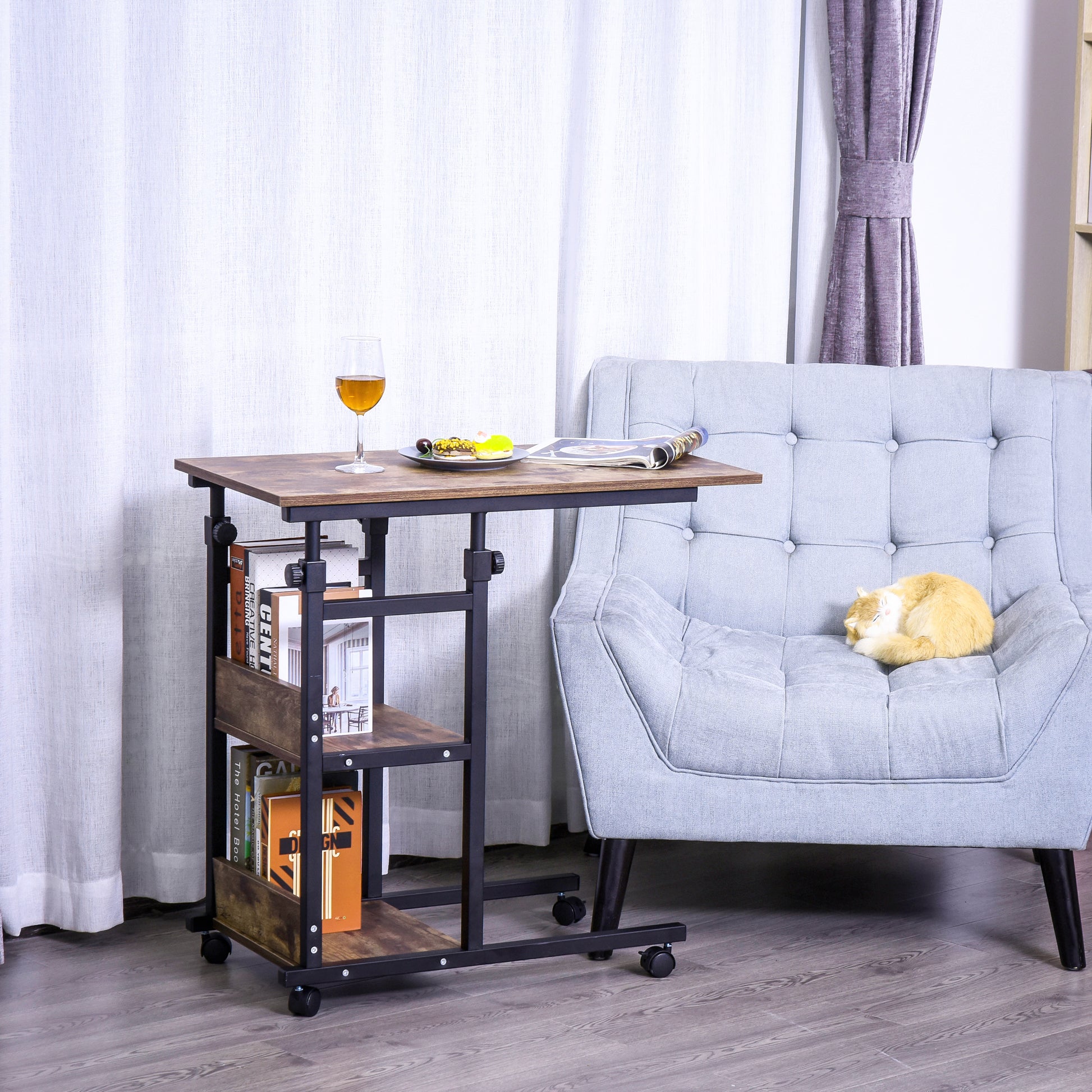 Side Table Coffee Table with Wheels, Height Adjustable Desk with 2 Lower Shelves, Sofa Table Laptop Table, Bedside Table, for Dining Room Living Room, Metal, Rustic Brown, 80x40x72-82 cm