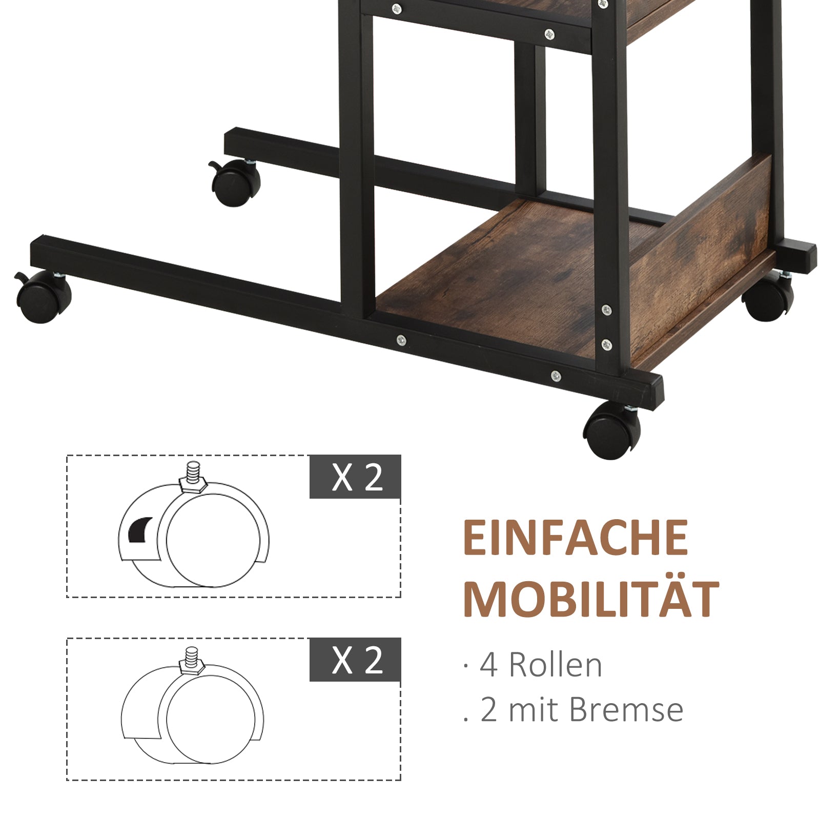 Side Table Coffee Table with Wheels, Height Adjustable Desk with 2 Lower Shelves, Sofa Table Laptop Table, Bedside Table, for Dining Room Living Room, Metal, Rustic Brown, 80x40x72-82 cm