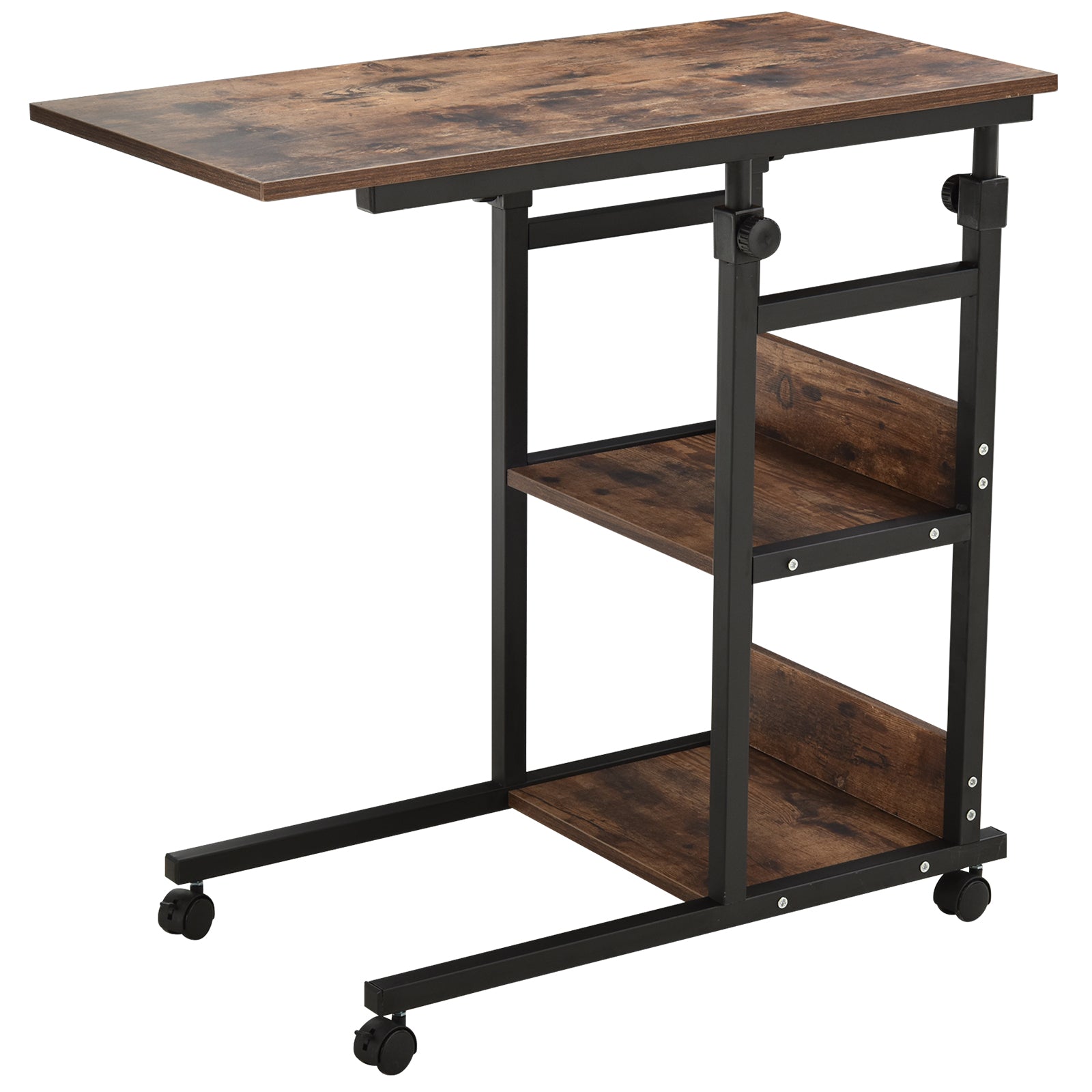 Side Table Coffee Table with Wheels, Height Adjustable Desk with 2 Lower Shelves, Sofa Table Laptop Table, Bedside Table, for Dining Room Living Room, Metal, Rustic Brown, 80x40x72-82 cm