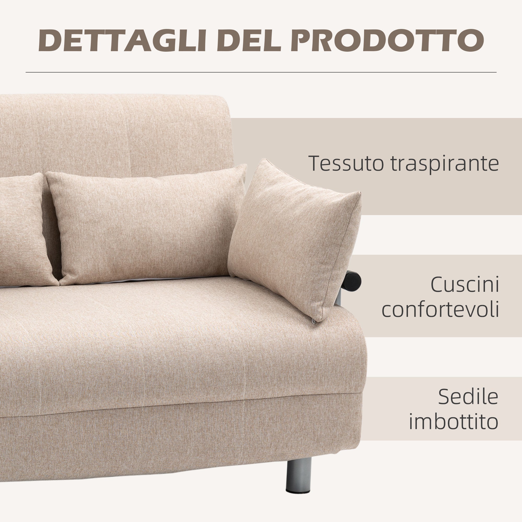 2-Seater Sofa Bed 3 in 1 Convertible into Reclining Armchair with Adjustable Backrest and 4 Upholstered Cushions, 102x82x81 cm, Beige