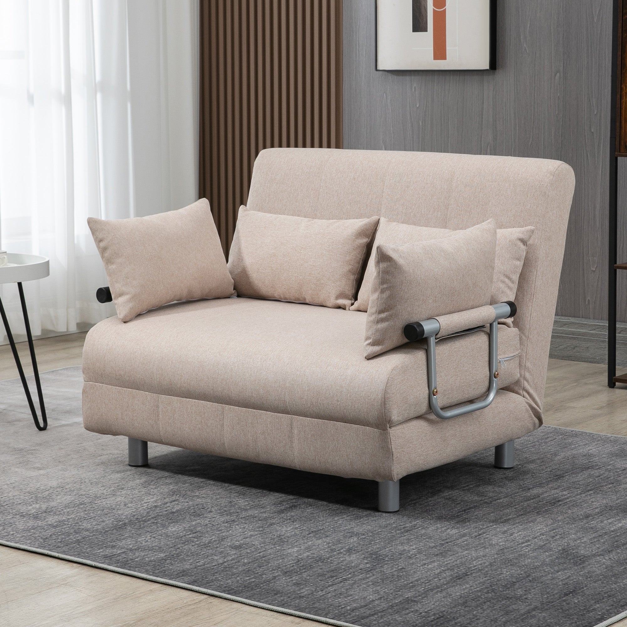 2-Seater Sofa Bed 3 in 1 Convertible into Reclining Armchair with Adjustable Backrest and 4 Upholstered Cushions, 102x82x81 cm, Beige