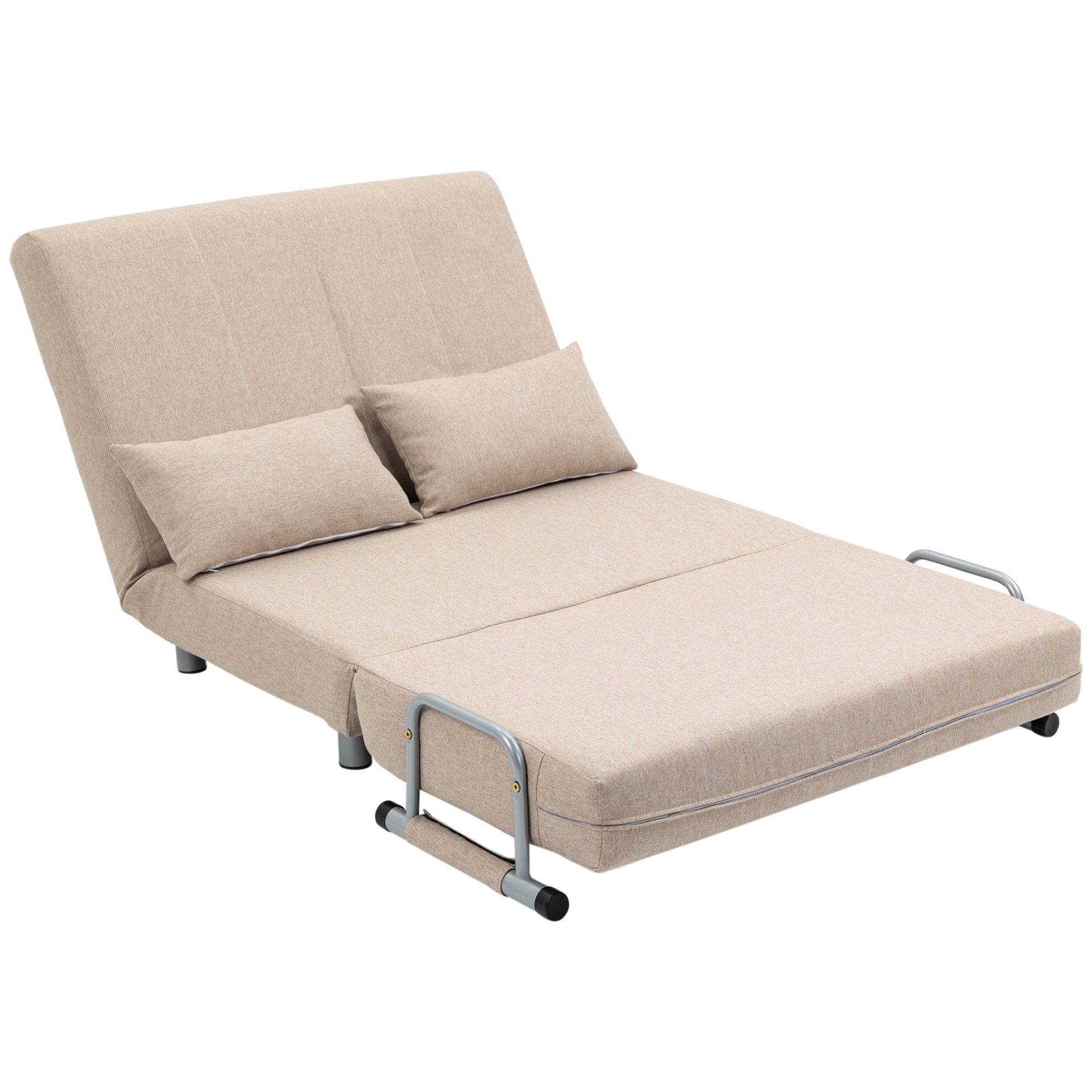 2-Seater Sofa Bed 3 in 1 Convertible into Reclining Armchair with Adjustable Backrest and 4 Upholstered Cushions, 102x82x81 cm, Beige