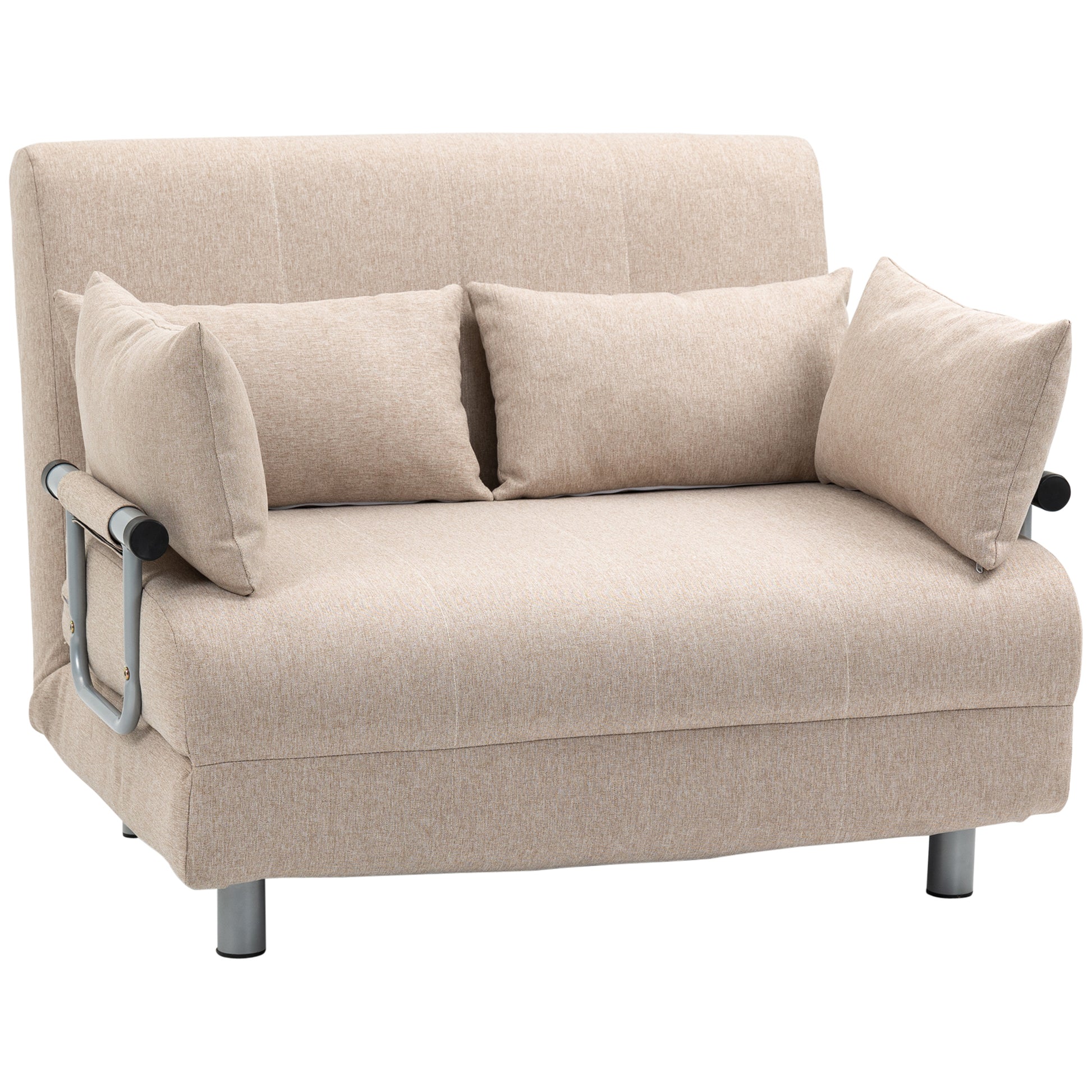2-Seater Sofa Bed 3 in 1 Convertible into Reclining Armchair with Adjustable Backrest and 4 Upholstered Cushions, 102x82x81 cm, Beige