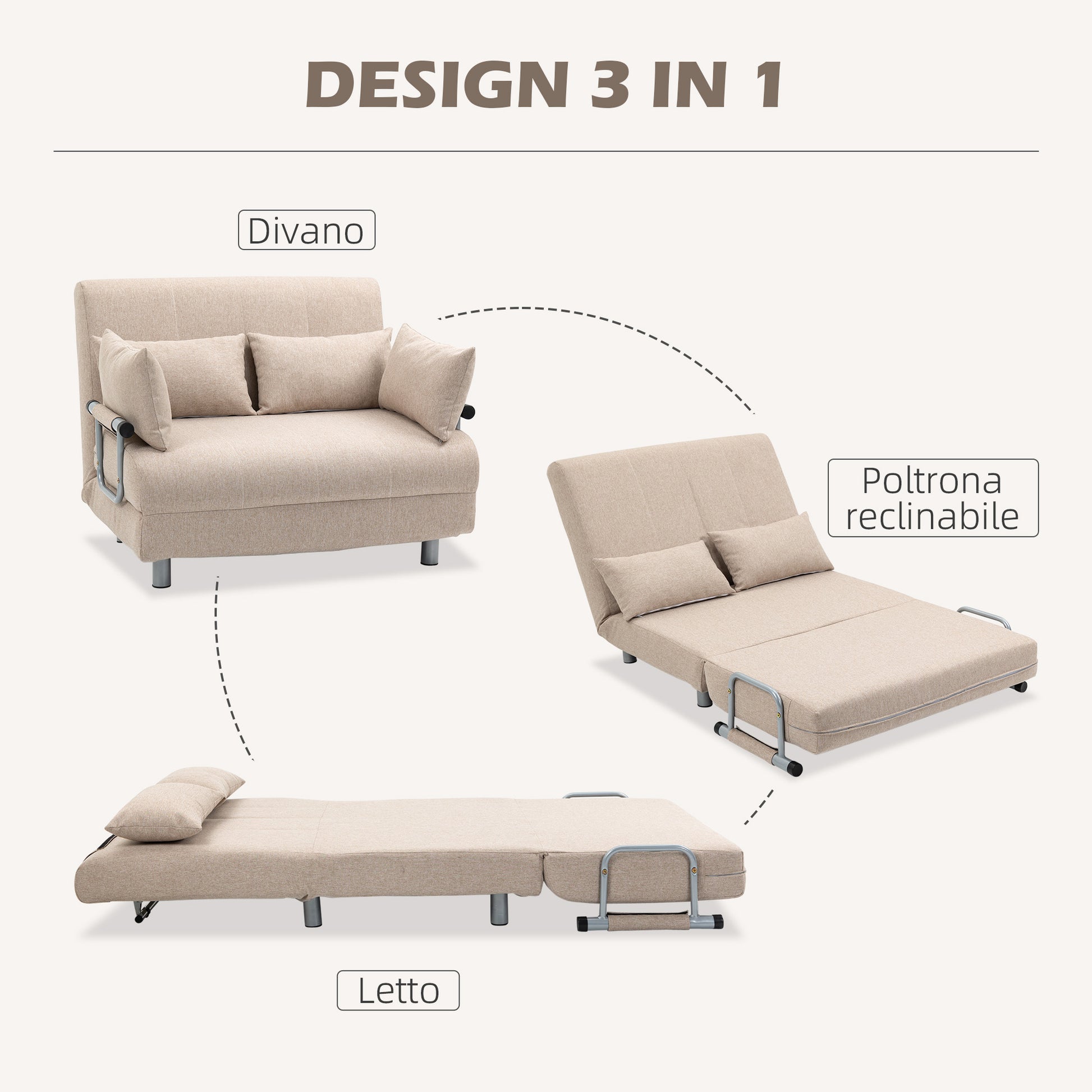 2-Seater Sofa Bed 3 in 1 Convertible into Reclining Armchair with Adjustable Backrest and 4 Upholstered Cushions, 102x82x81 cm, Beige