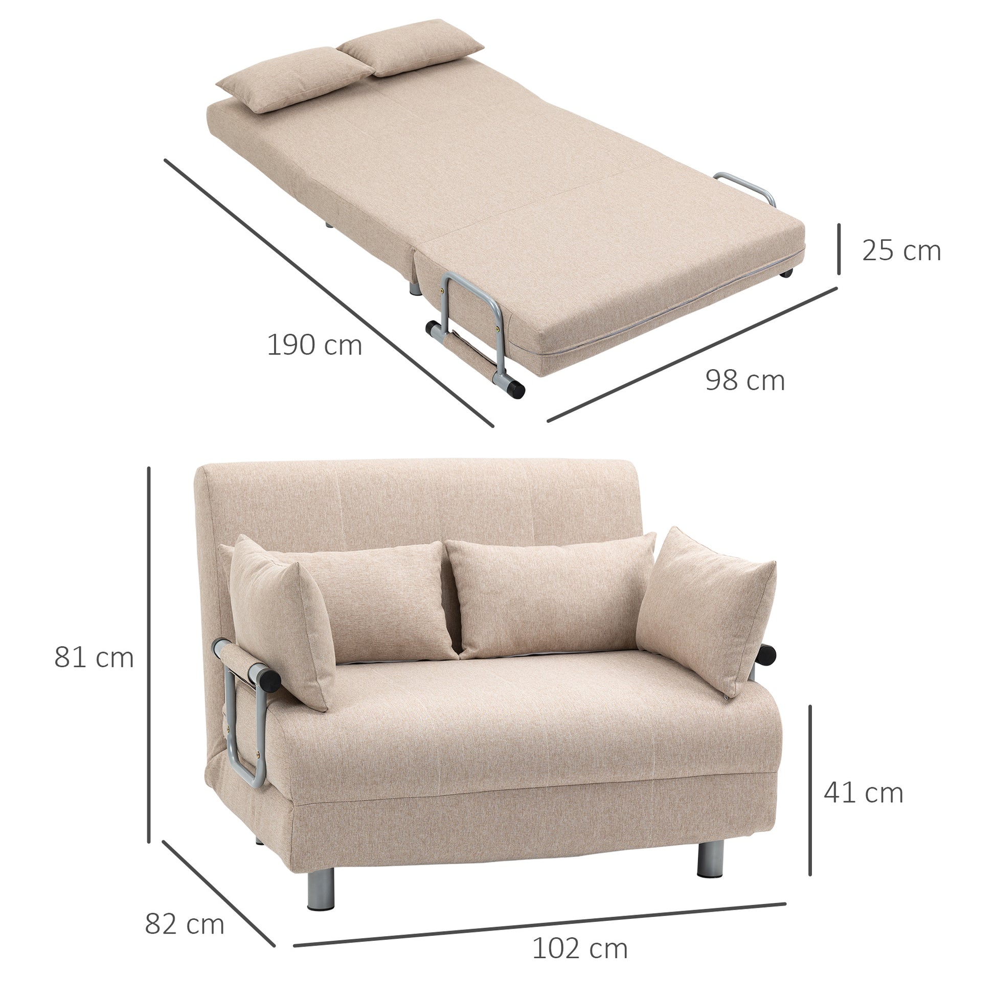2-Seater Sofa Bed 3 in 1 Convertible into Reclining Armchair with Adjustable Backrest and 4 Upholstered Cushions, 102x82x81 cm, Beige