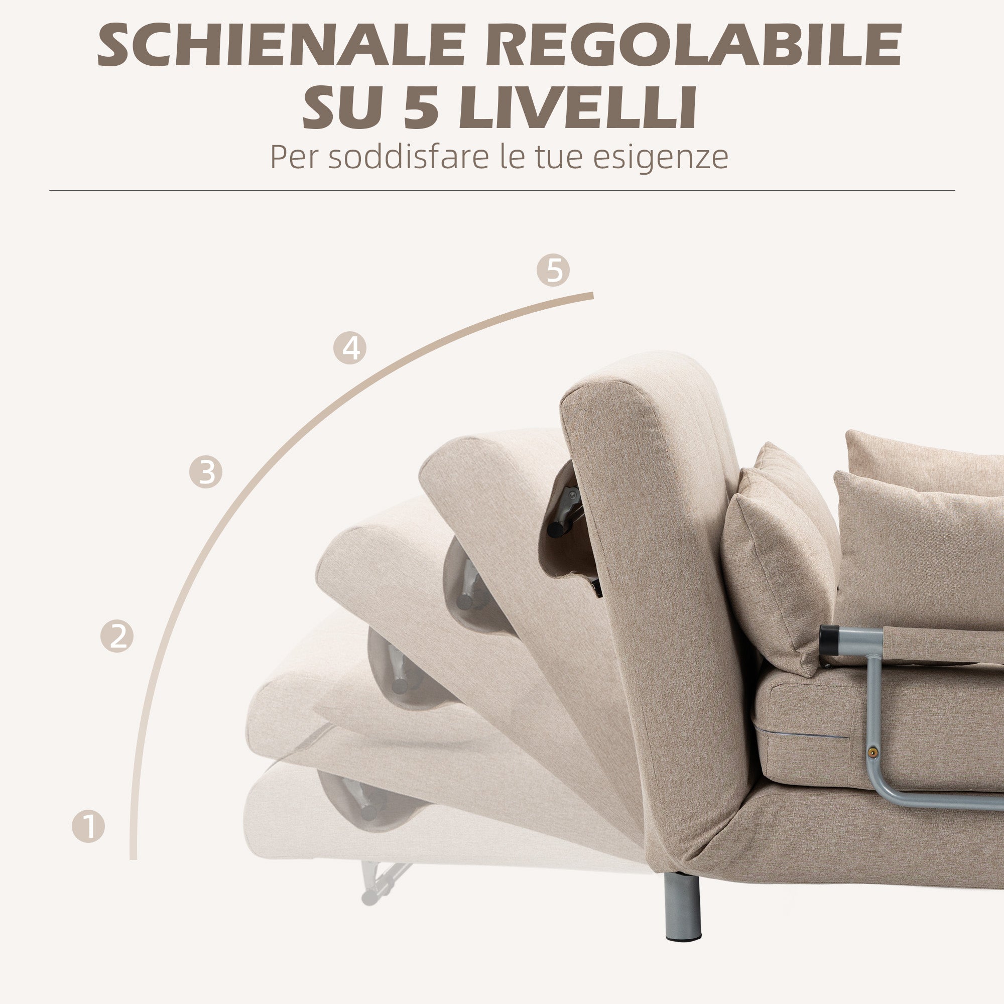 2-Seater Sofa Bed 3 in 1 Convertible into Reclining Armchair with Adjustable Backrest and 4 Upholstered Cushions, 102x82x81 cm, Beige