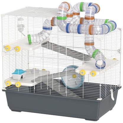 Hamster Cage 4 Levels Rodent Cage Small Animal Cage with Wheel Feeder Tunnel Hut Top Door, Small Animal House Cage for Syrian Hamsters 78 x 45 x 73 cm, Gray
