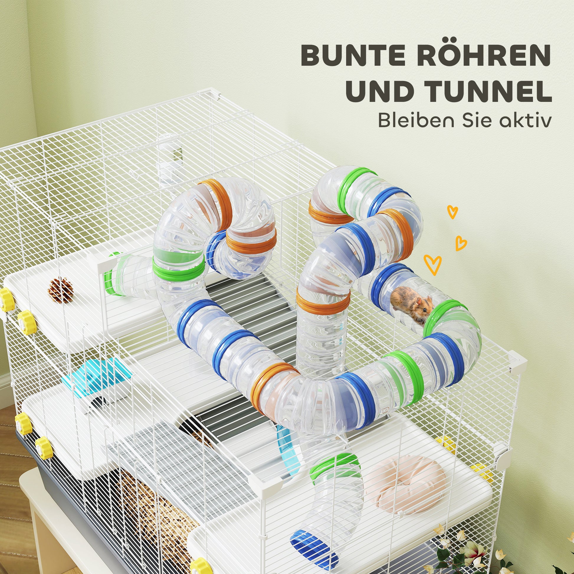Hamster Cage 4 Levels Rodent Cage Small Animal Cage with Wheel Feeder Tunnel Hut Top Door, Small Animal House Cage for Syrian Hamsters 78 x 45 x 73 cm, Gray