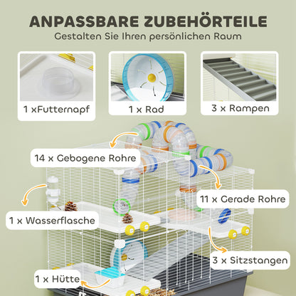 Hamster Cage 4 Levels Rodent Cage Small Animal Cage with Wheel Feeder Tunnel Hut Top Door, Small Animal House Cage for Syrian Hamsters 78 x 45 x 73 cm, Gray