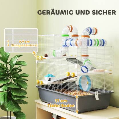 Hamster Cage 4 Levels Rodent Cage Small Animal Cage with Wheel Feeder Tunnel Hut Top Door, Small Animal House Cage for Syrian Hamsters 78 x 45 x 73 cm, Gray