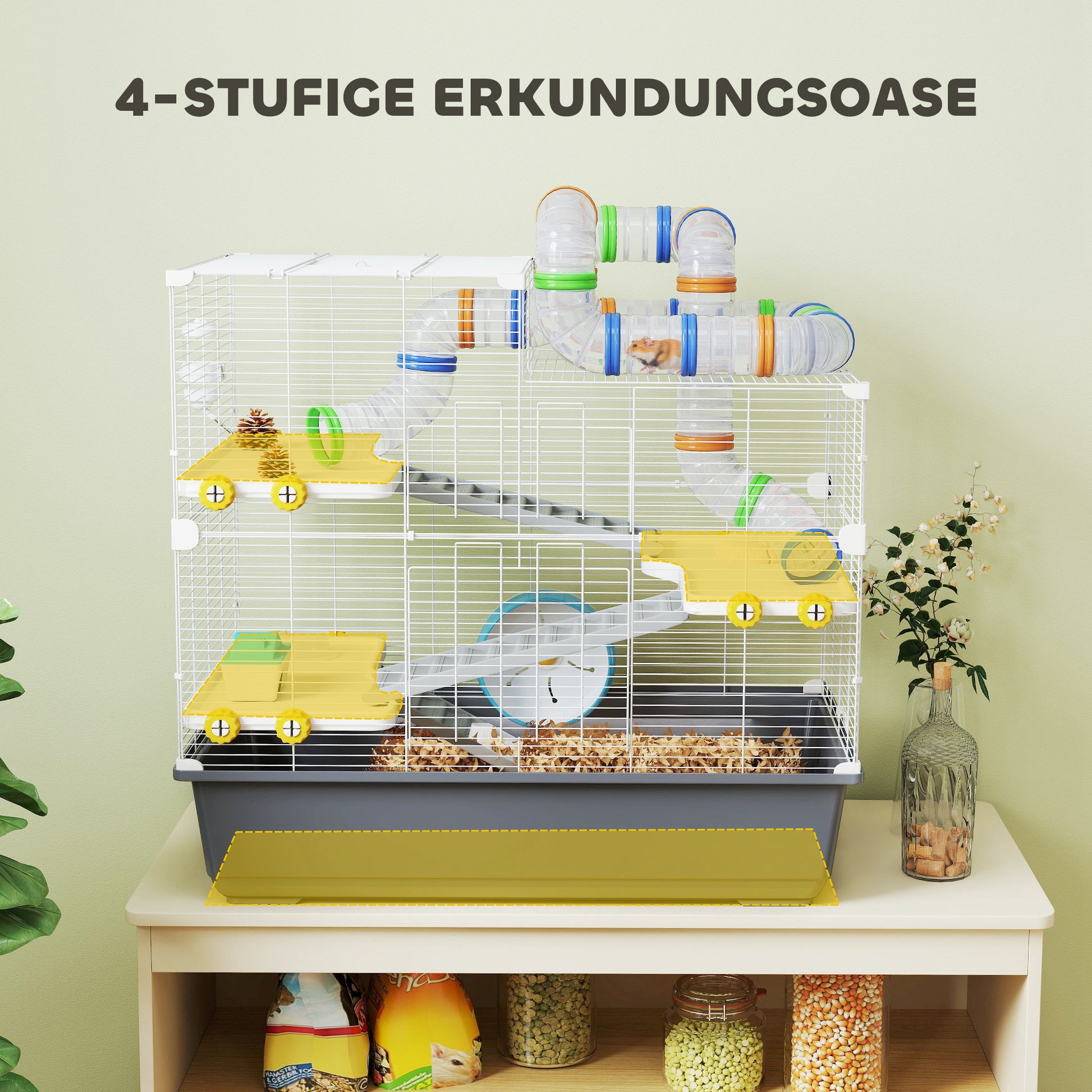 Hamster Cage 4 Levels Rodent Cage Small Animal Cage with Wheel Feeder Tunnel Hut Top Door, Small Animal House Cage for Syrian Hamsters 78 x 45 x 73 cm, Gray