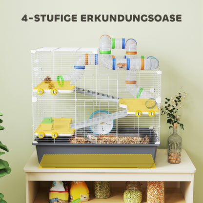 Hamster Cage 4 Levels Rodent Cage Small Animal Cage with Wheel Feeder Tunnel Hut Top Door, Small Animal House Cage for Syrian Hamsters 78 x 45 x 73 cm, Gray