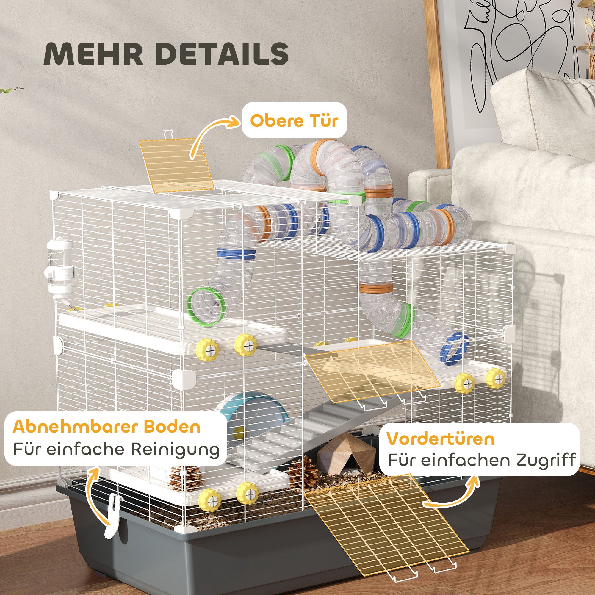 Hamster Cage 4 Levels Rodent Cage Small Animal Cage with Wheel Feeder Tunnel Hut Top Door, Small Animal House Cage for Syrian Hamsters 78 x 45 x 73 cm, Gray