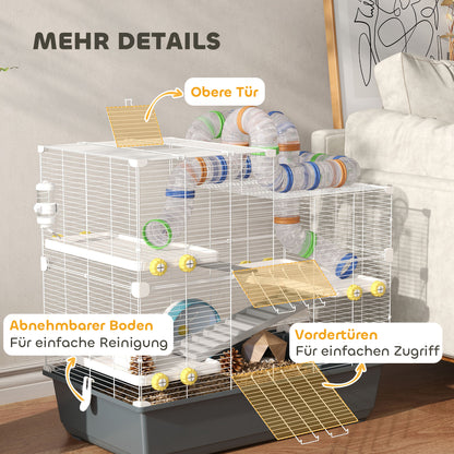 Hamster Cage 4 Levels Rodent Cage Small Animal Cage with Wheel Feeder Tunnel Hut Top Door, Small Animal House Cage for Syrian Hamsters 78 x 45 x 73 cm, Gray