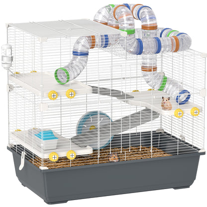 Hamster Cage 4 Levels Rodent Cage Small Animal Cage with Wheel Feeder Tunnel Hut Top Door, Small Animal House Cage for Syrian Hamsters 78 x 45 x 73 cm, Gray