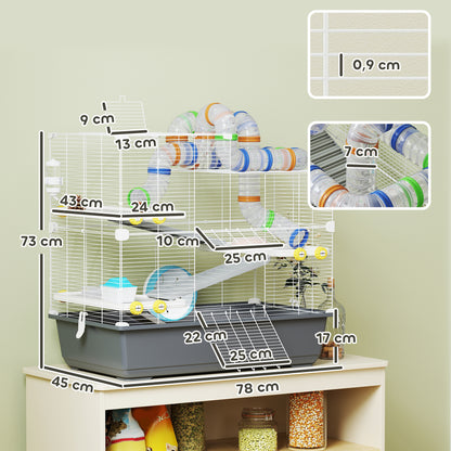 Hamster Cage 4 Levels Rodent Cage Small Animal Cage with Wheel Feeder Tunnel Hut Top Door, Small Animal House Cage for Syrian Hamsters 78 x 45 x 73 cm, Gray