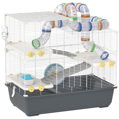 Hamster Cage 4 Levels Rodent Cage Small Animal Cage with Wheel Feeder Tunnel Hut Top Door, Small Animal House Cage for Syrian Hamsters 78 x 45 x 73 cm, Gray