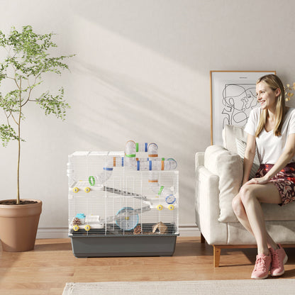 Hamster Cage 4 Levels Rodent Cage Small Animal Cage with Wheel Feeder Tunnel Hut Top Door, Small Animal House Cage for Syrian Hamsters 78 x 45 x 73 cm, Gray