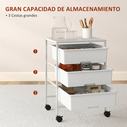 Wheeled Utility Cart 3-Tier Kitchen Cart with 3 Baskets for Storage and Steel Frame for Dining Room Bathroom 40.8x33.5x60.5 cm White