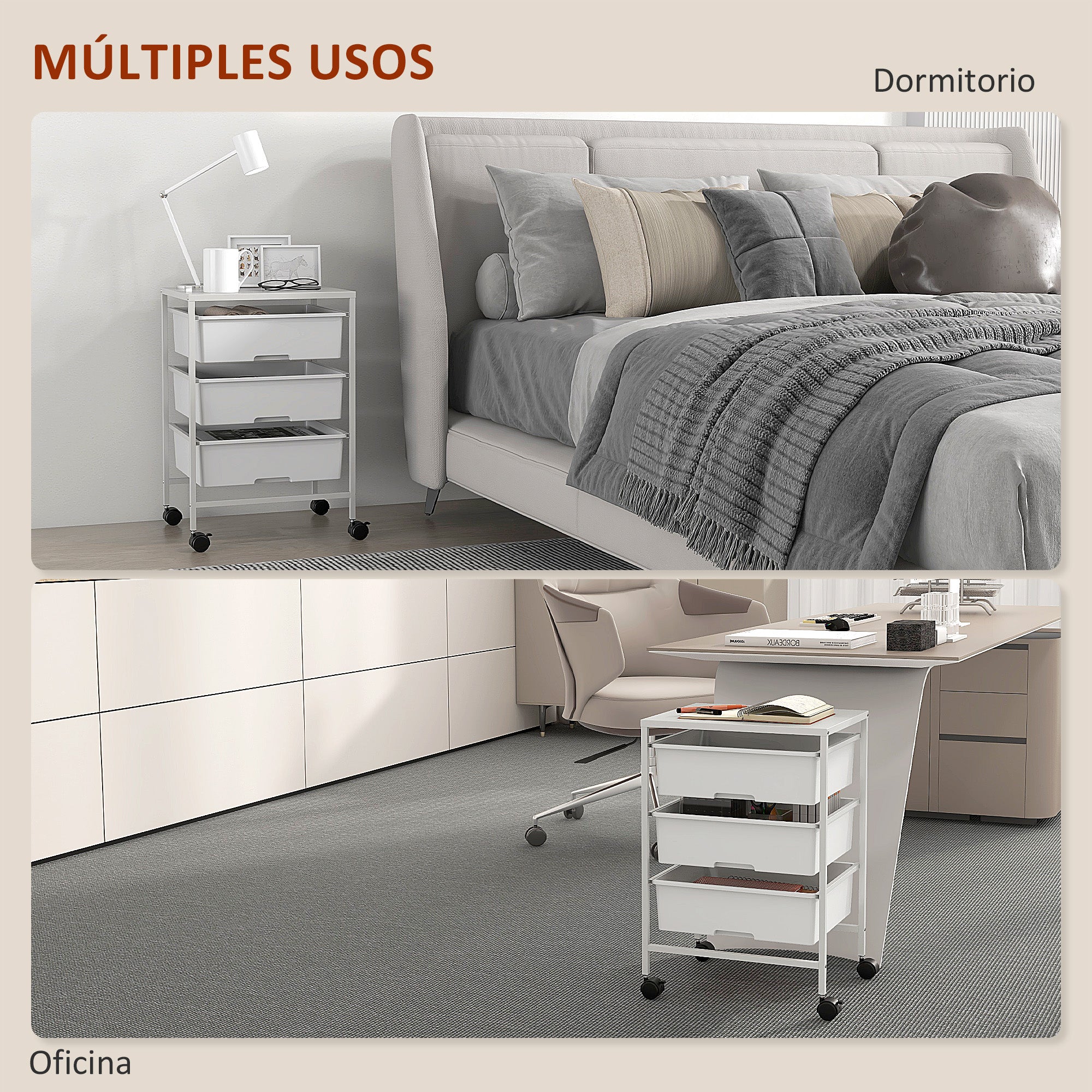 Wheeled Utility Cart 3-Tier Kitchen Cart with 3 Baskets for Storage and Steel Frame for Dining Room Bathroom 40.8x33.5x60.5 cm White