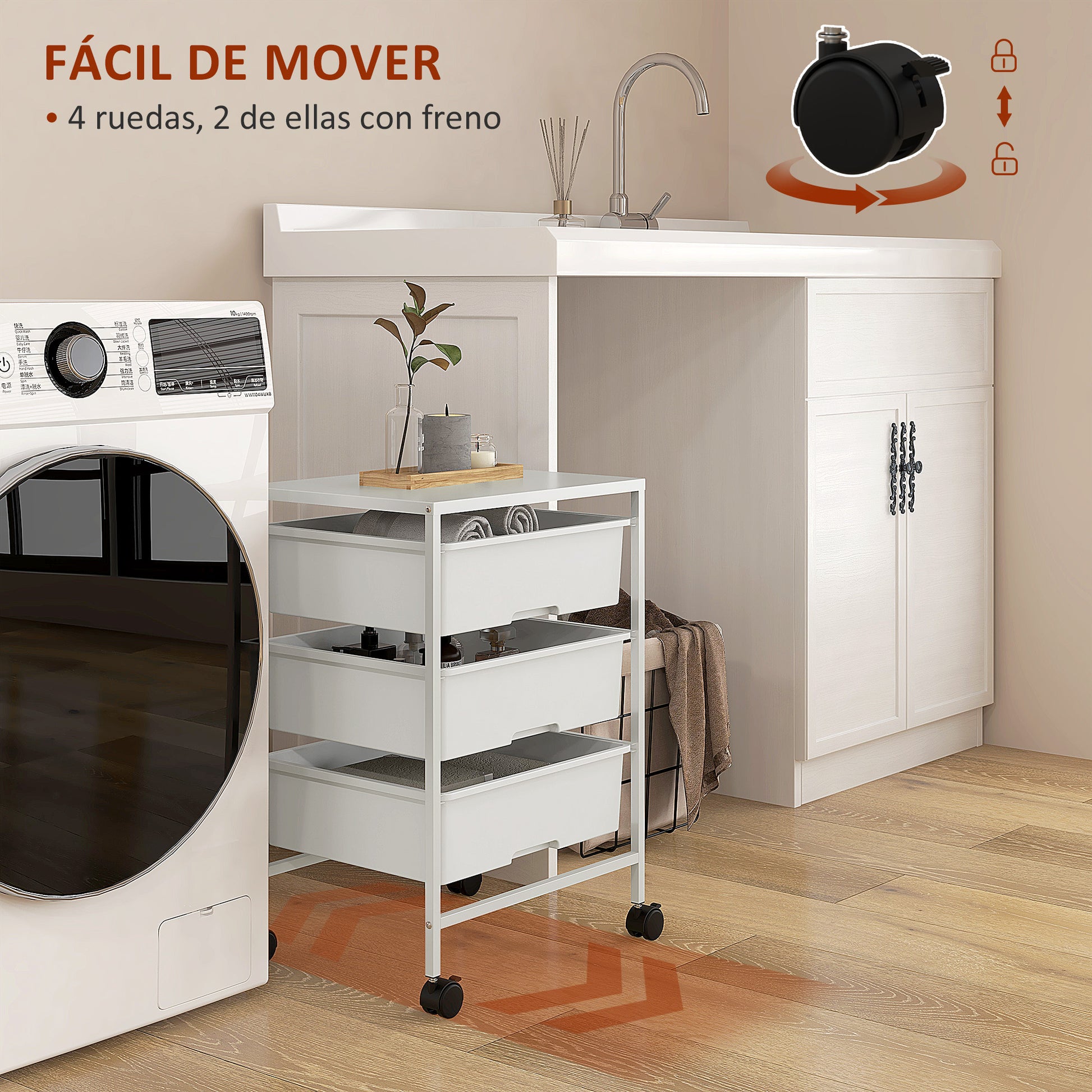 Wheeled Utility Cart 3-Tier Kitchen Cart with 3 Baskets for Storage and Steel Frame for Dining Room Bathroom 40.8x33.5x60.5 cm White