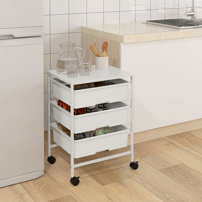 Wheeled Utility Cart 3-Tier Kitchen Cart with 3 Baskets for Storage and Steel Frame for Dining Room Bathroom 40.8x33.5x60.5 cm White