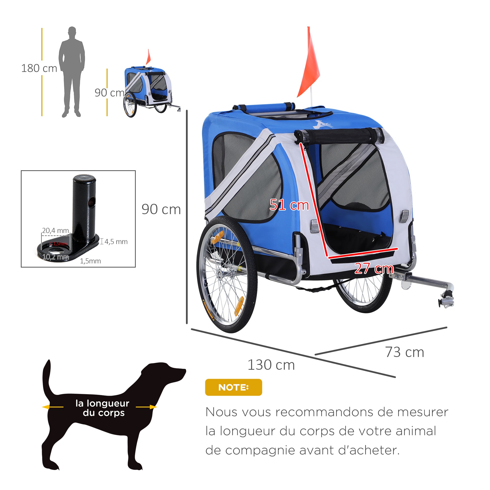 Pet Bike Trailer 8 Reflectors Flag Tow Bar Included Steel Polyester Waterproof Max. 30 Kg 130L x 73W x 90H cm White and Blue