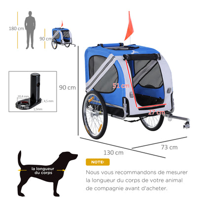 Pet Bike Trailer 8 Reflectors Flag Tow Bar Included Steel Polyester Waterproof Max. 30 Kg 130L x 73W x 90H cm White and Blue