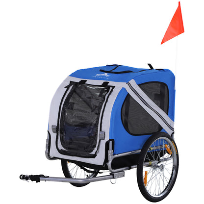 Pet Bike Trailer 8 Reflectors Flag Tow Bar Included Steel Polyester Waterproof Max. 30 Kg 130L x 73W x 90H cm White and Blue