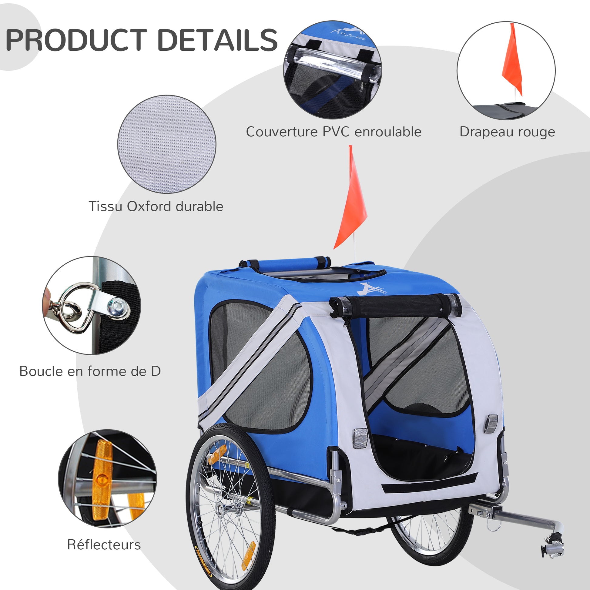 Pet Bike Trailer 8 Reflectors Flag Tow Bar Included Steel Polyester Waterproof Max. 30 Kg 130L x 73W x 90H cm White and Blue