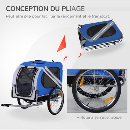 Pet Bike Trailer 8 Reflectors Flag Tow Bar Included Steel Polyester Waterproof Max. 30 Kg 130L x 73W x 90H cm White and Blue