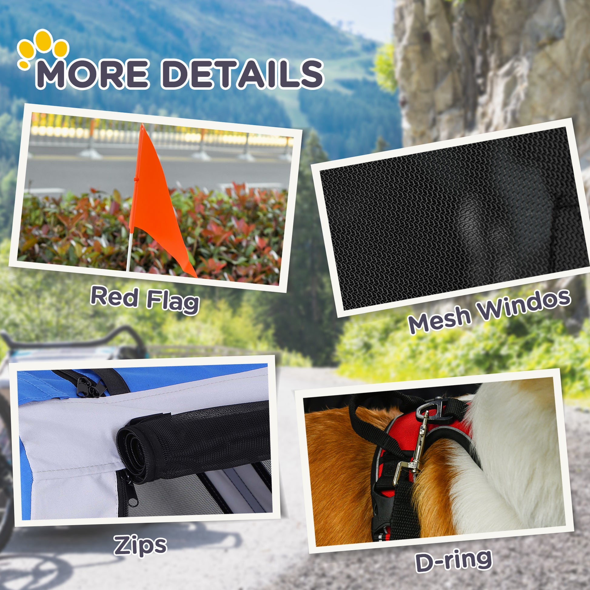Pet Bike Trailer 8 Reflectors Flag Tow Bar Included Steel Polyester Waterproof Max. 30 Kg 130L x 73W x 90H cm White and Blue