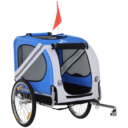 Pet Bike Trailer 8 Reflectors Flag Tow Bar Included Steel Polyester Waterproof Max. 30 Kg 130L x 73W x 90H cm White and Blue
