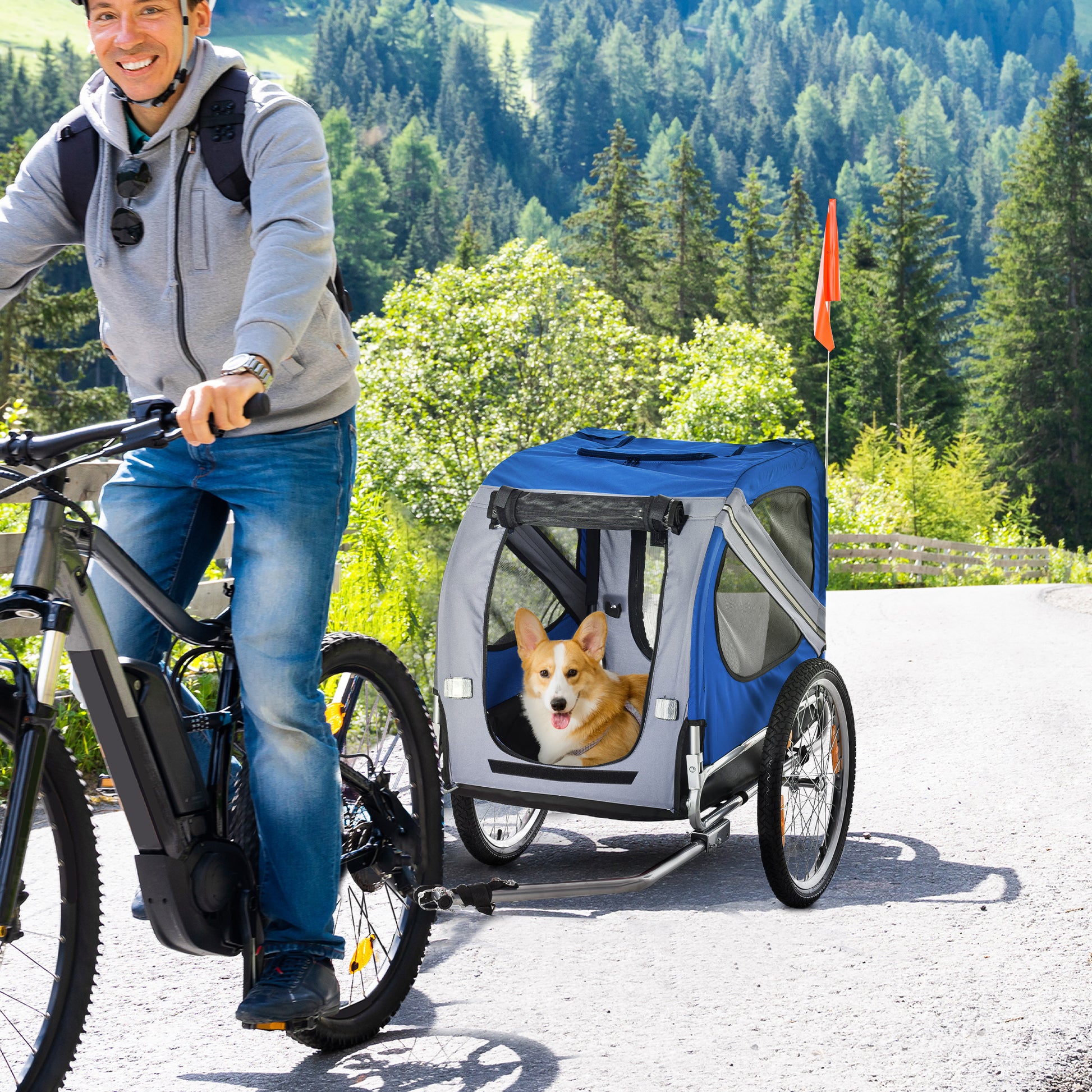 Pet Bike Trailer 8 Reflectors Flag Tow Bar Included Steel Polyester Waterproof Max. 30 Kg 130L x 73W x 90H cm White and Blue