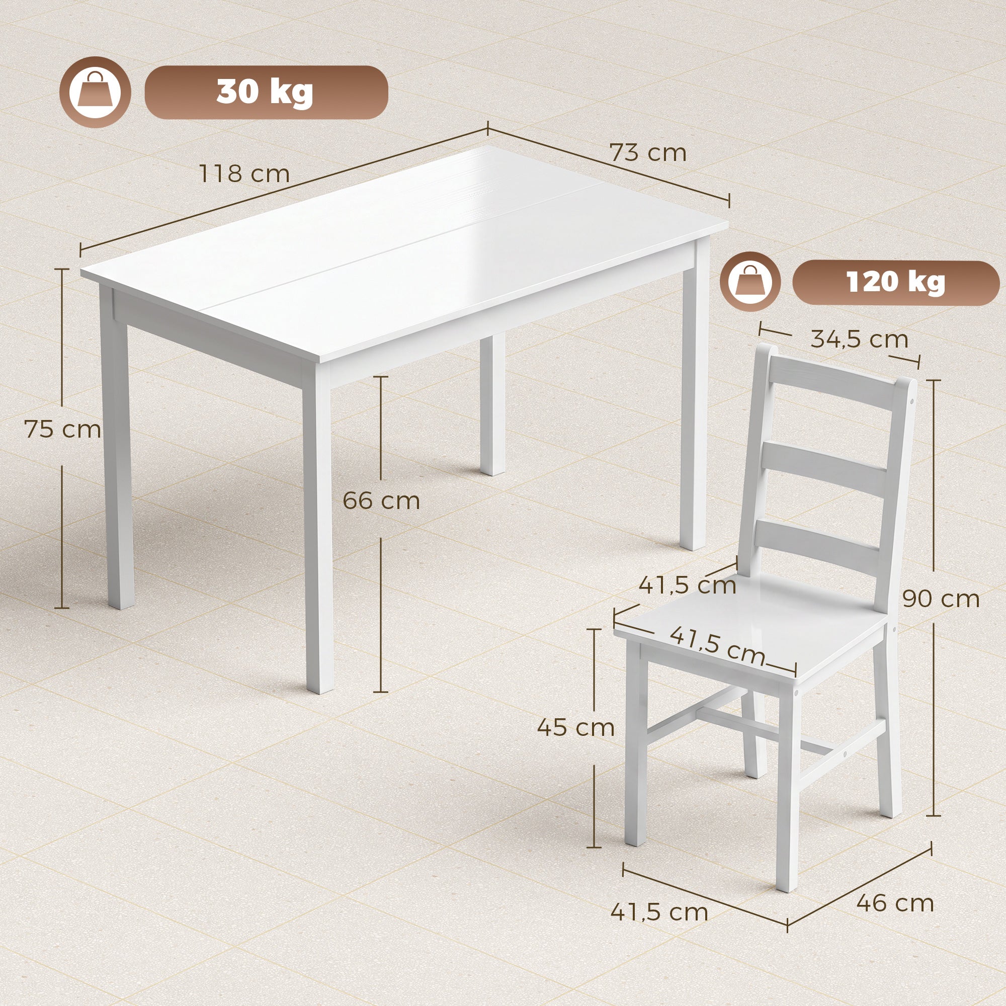 5-Piece Dining Set – Solid Pine Table & 4 Ladder-Back Chairs, White, Compact for Small Spaces