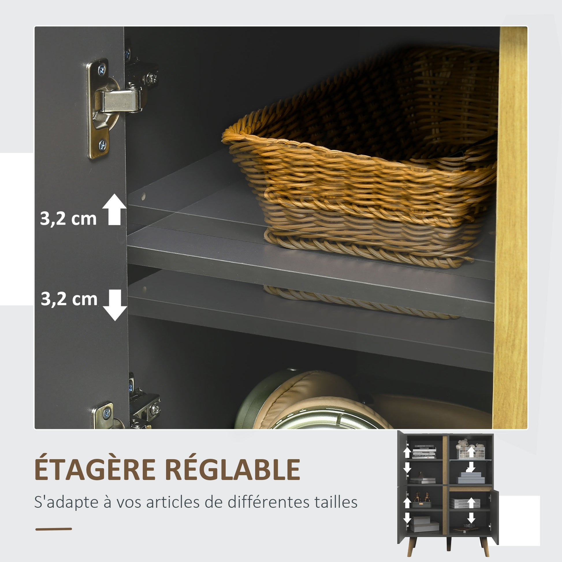 Storage Cabinet, Storage Wardrobe, Dresser, Modern Design, with Adjustable Shelves and Solid Wood Feet for Living Room, Bedroom, Kitchen 70 x 40 x 96.1 cm Dark Gray
