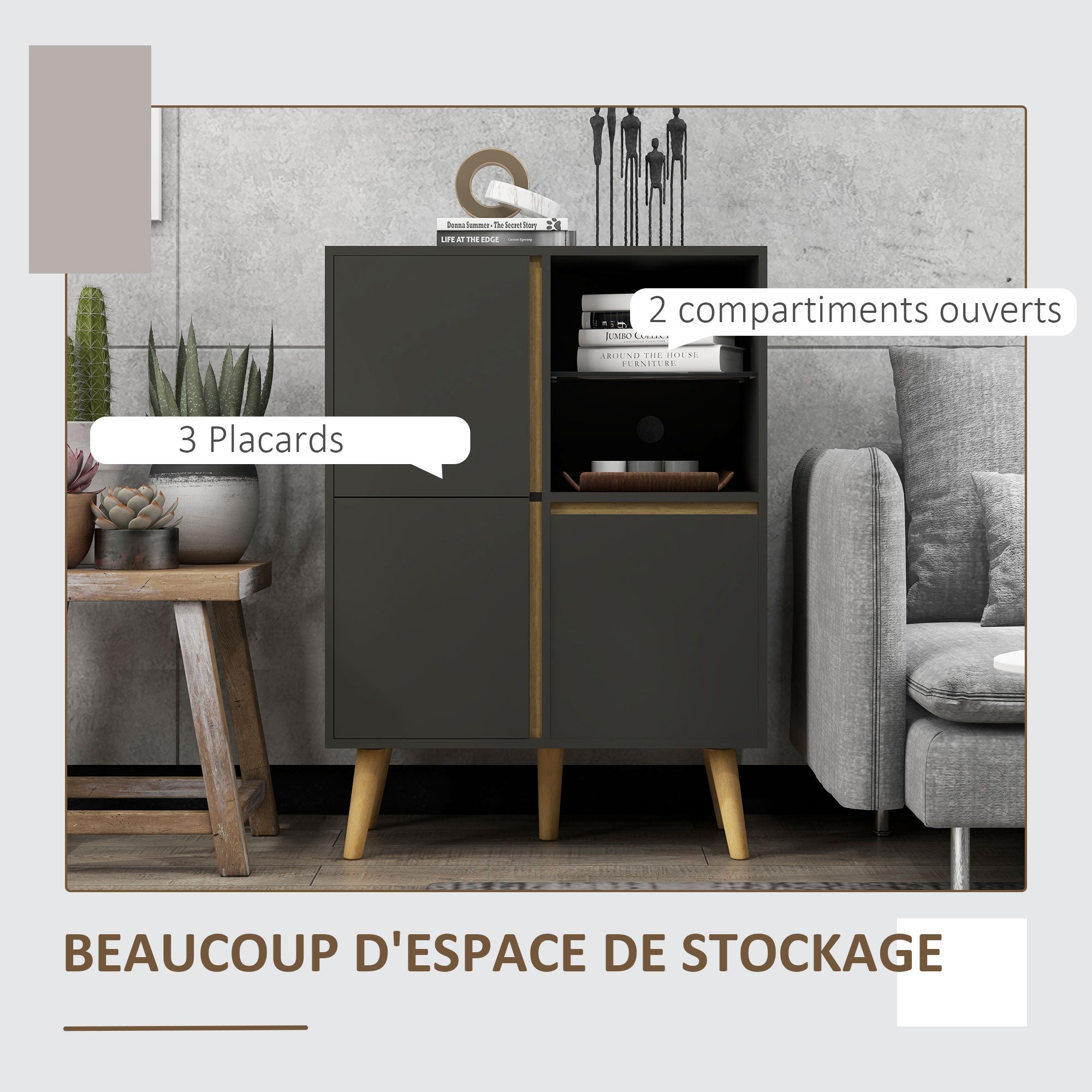 Storage Cabinet, Storage Wardrobe, Dresser, Modern Design, with Adjustable Shelves and Solid Wood Feet for Living Room, Bedroom, Kitchen 70 x 40 x 96.1 cm Dark Gray