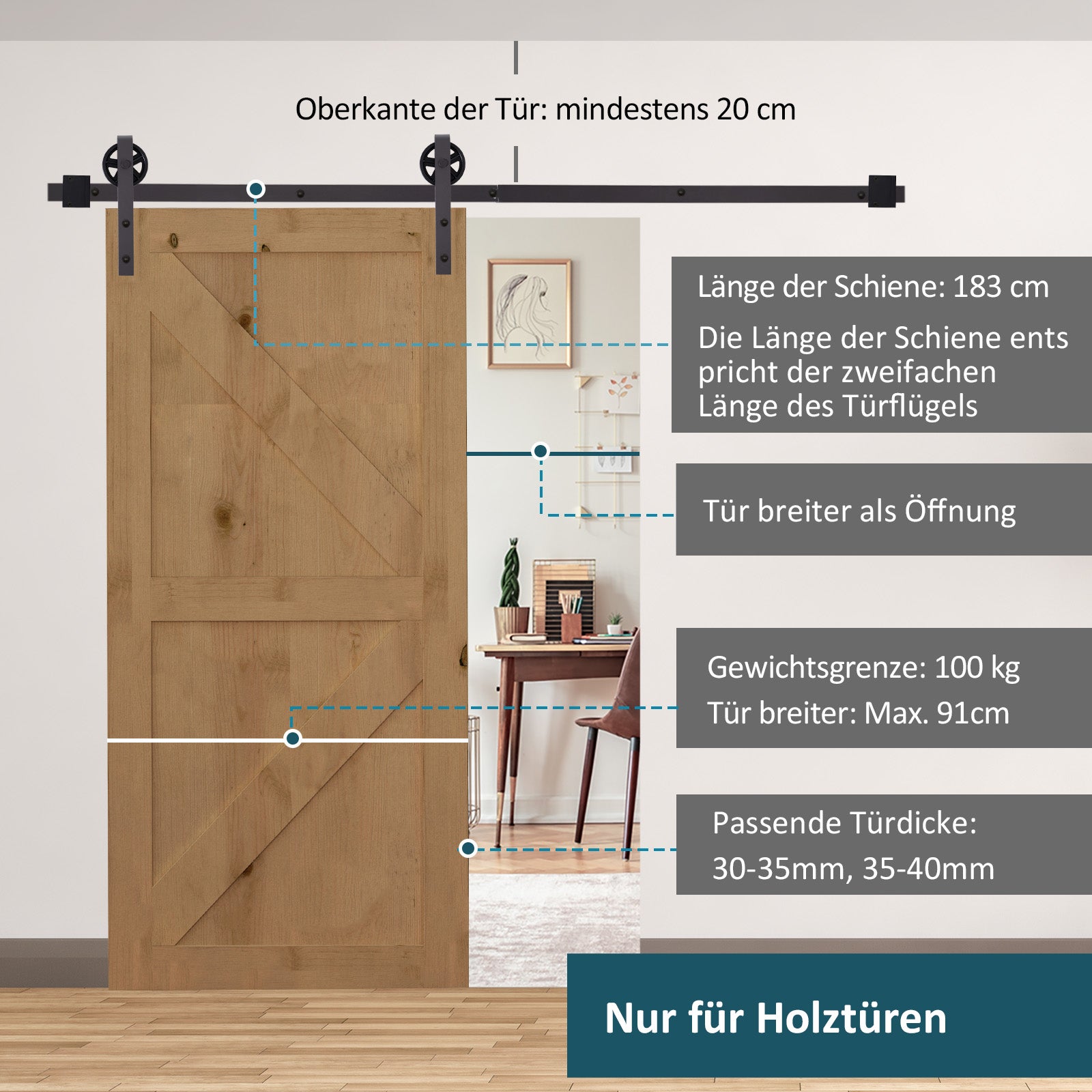 Sliding Door Hardware Kit 183 cm Complete Set with Floor Guide Rail for Sliding Door System Door Screw Set, for 1 Interior Doors, Room Door, Wooden Door