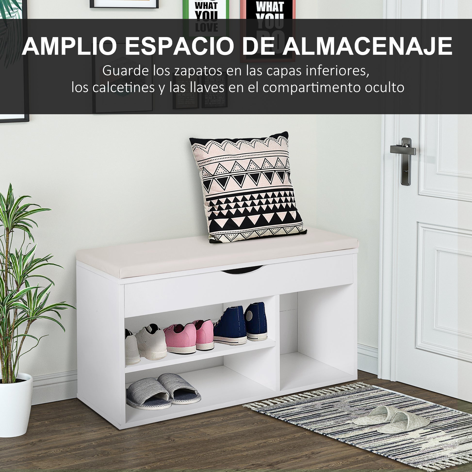Shoe Bench with Seat Entryway Shoe Storage Modern Hallway Bench with Drawer Open Shelves and 1 Cushion for Corridor 80x30x47cm