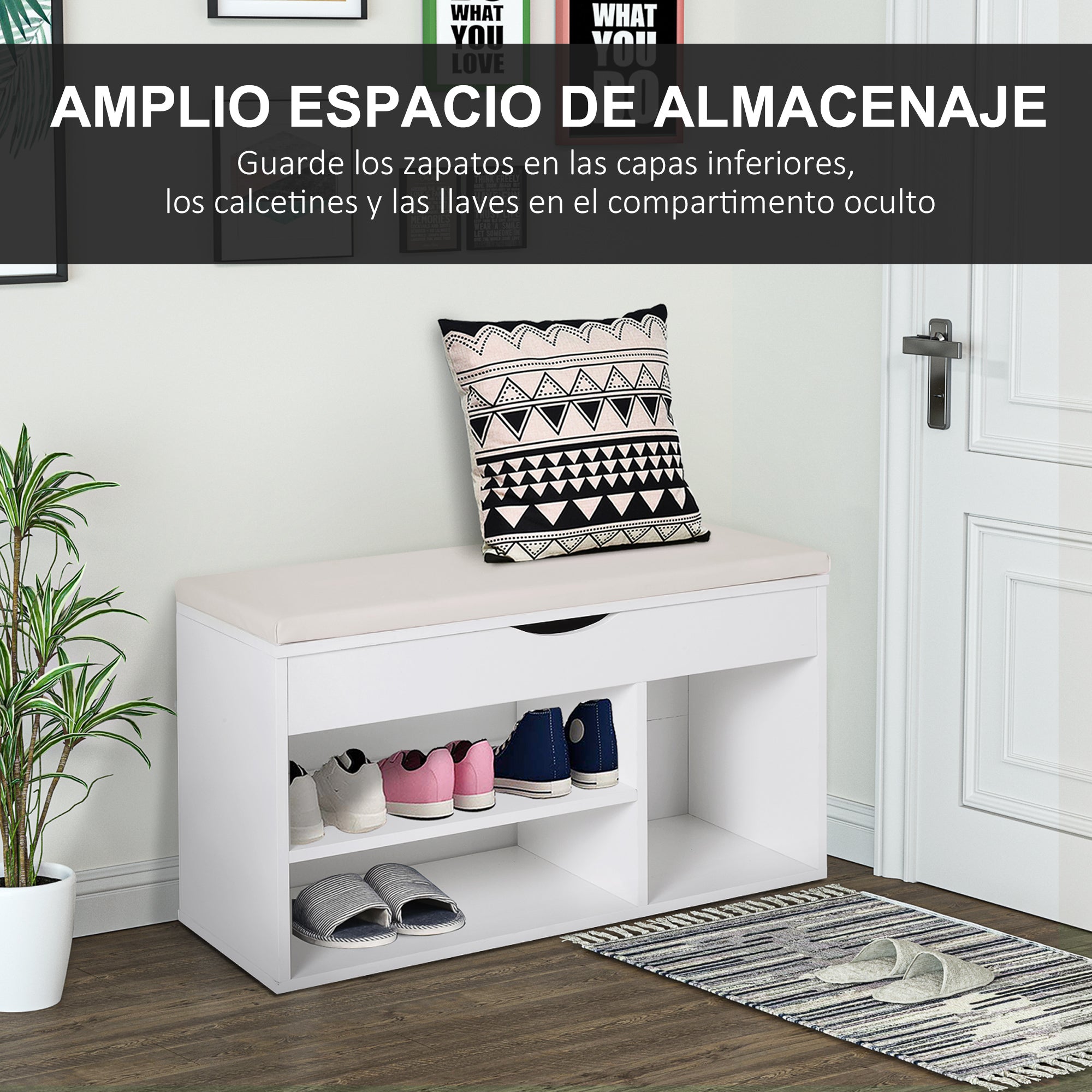 Shoe Bench with Seat Entryway Shoe Storage Modern Hallway Bench with Drawer Open Shelves and 1 Cushion for Corridor 80x30x47cm