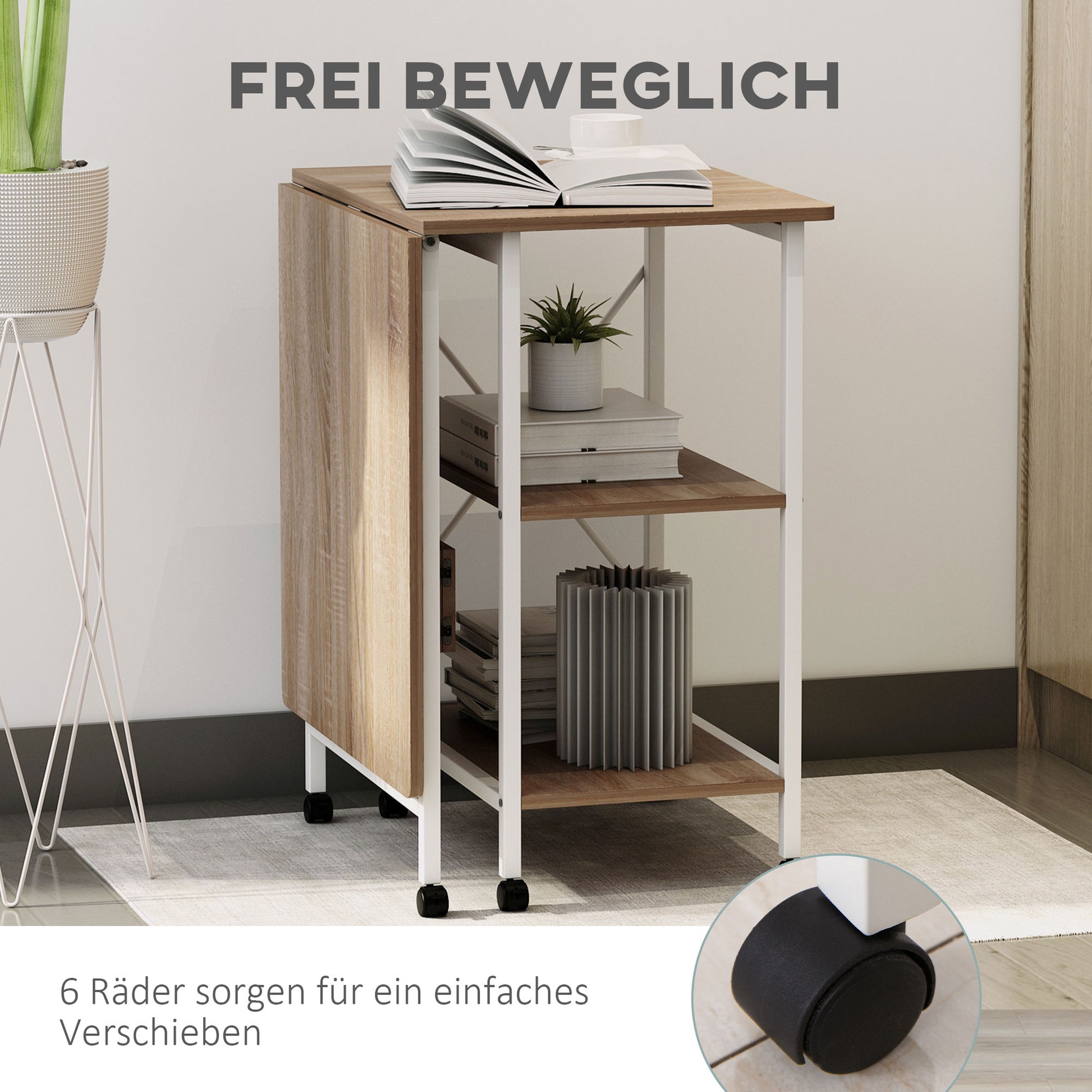 Folding Desk Side Table Office Desk Mobile Computer Desk with Wheels MDF Natural 107 x 55 x 76 cm