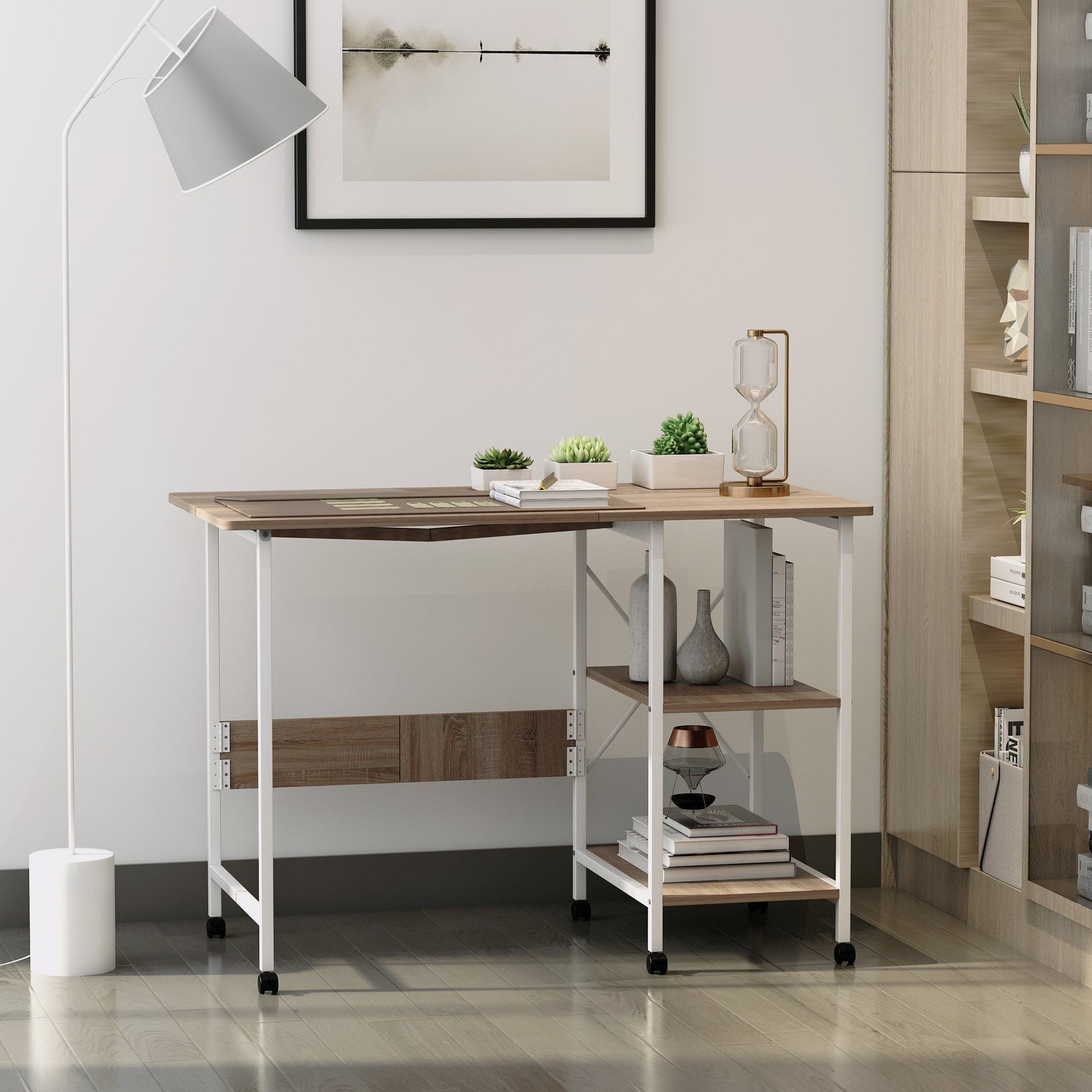 Folding Desk Side Table Office Desk Mobile Computer Desk with Wheels MDF Natural 107 x 55 x 76 cm