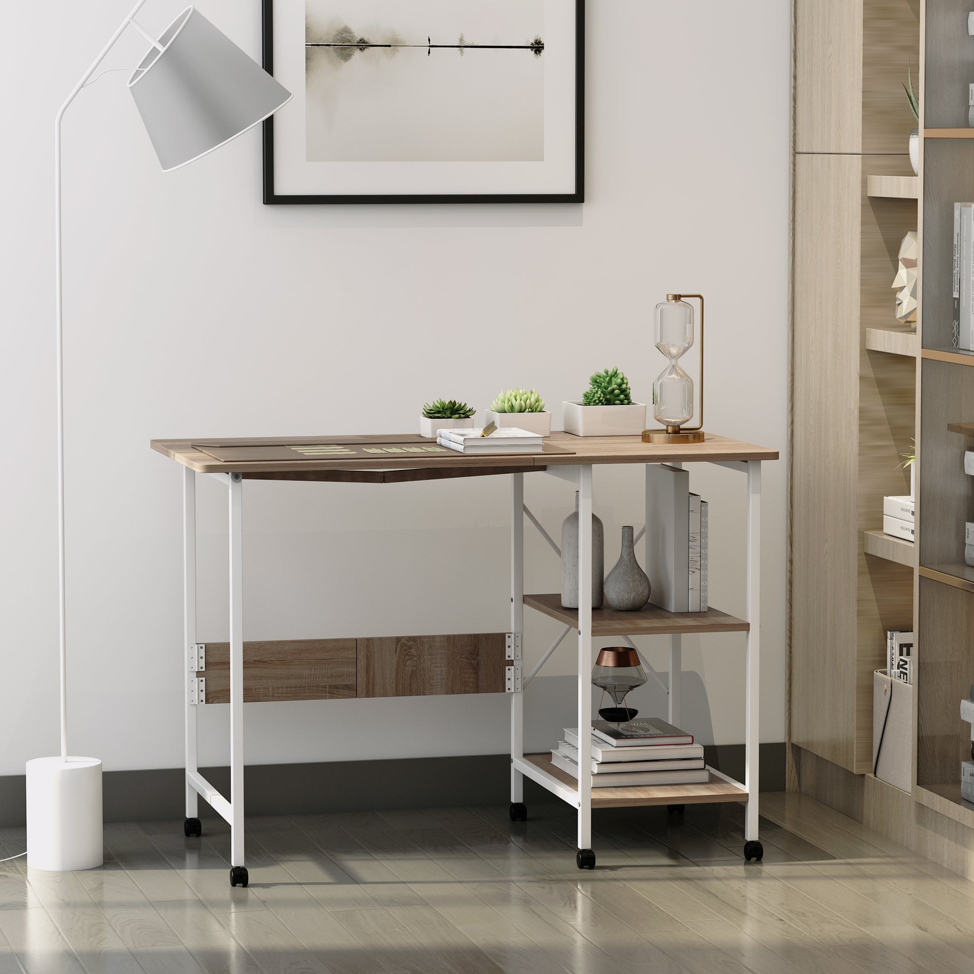 Folding Desk Side Table Office Desk Mobile Computer Desk with Wheels MDF Natural 107 x 55 x 76 cm
