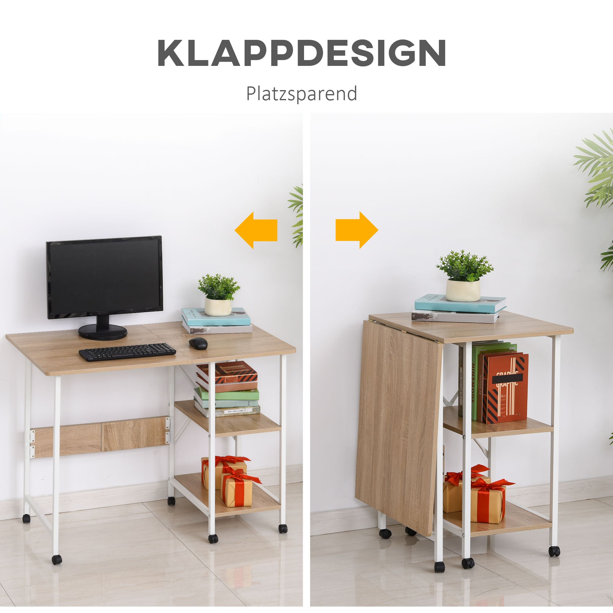 Folding Desk Side Table Office Desk Mobile Computer Desk with Wheels MDF Natural 107 x 55 x 76 cm