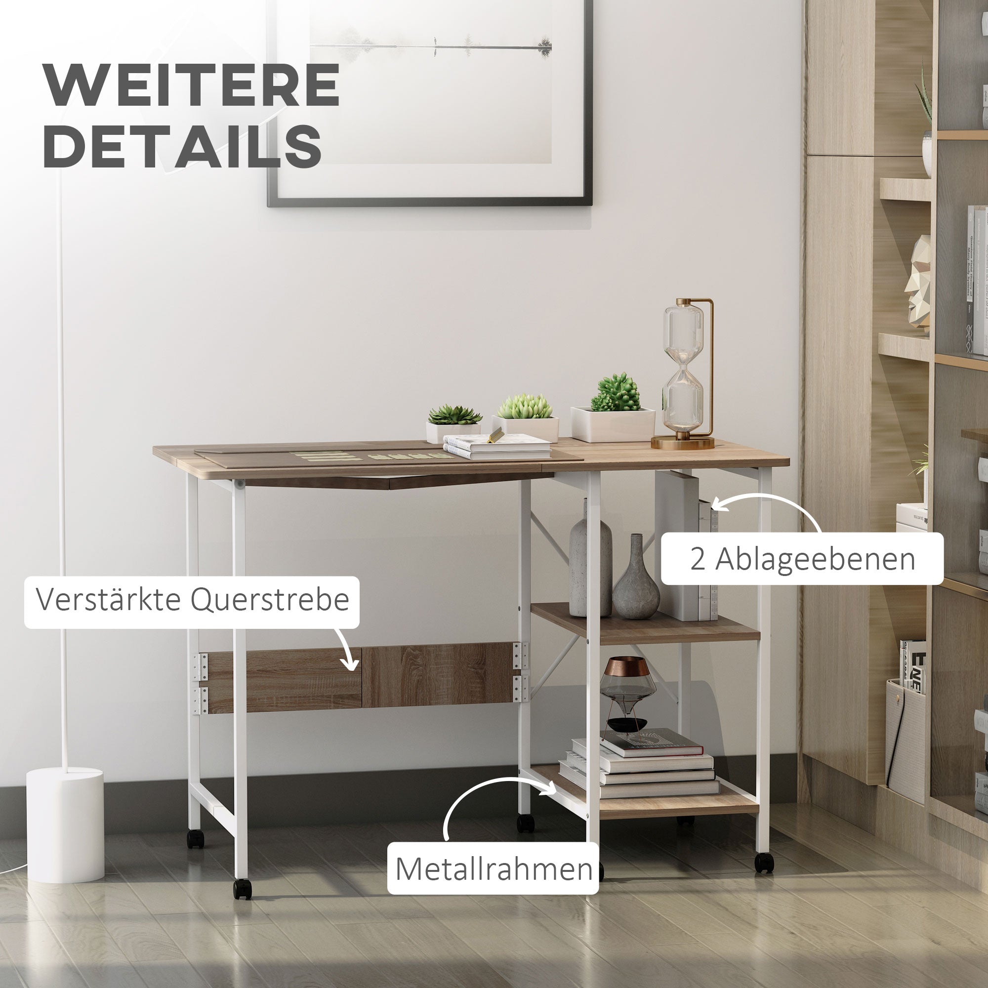 Folding Desk Side Table Office Desk Mobile Computer Desk with Wheels MDF Natural 107 x 55 x 76 cm