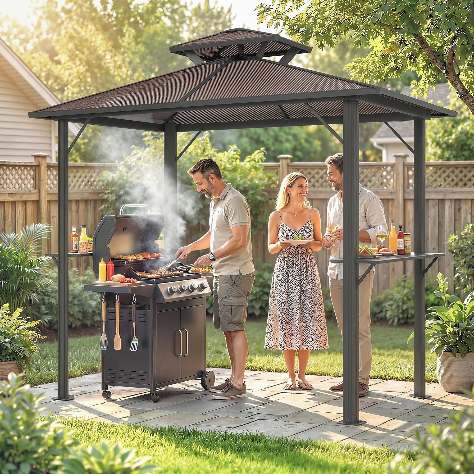 Grill Pavilion 2.5 x 1.5 m (approx. 8.2 x 4.9 ft) — Waterproof Double Polycarbonate Roof BBQ Canopy with Side Shelves, Aluminum Frame, UV-Resistant, Brown