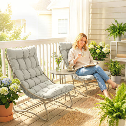 3-Piece Outdoor Bistro Set with Cushions — 2 Breathable Lounge Chairs & Round Coffee Table, Powder-Coated Galvanized Steel Frame, Light Gray